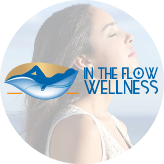 A woman with her eyes closed and the words in the flow wellness