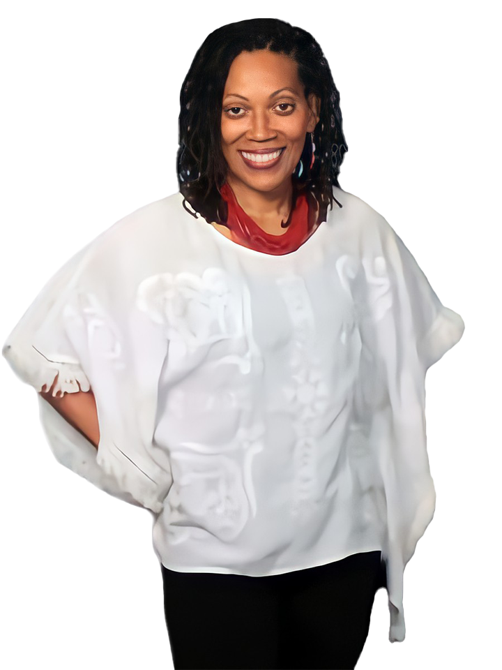 A woman wearing an off white poncho with red lettering.