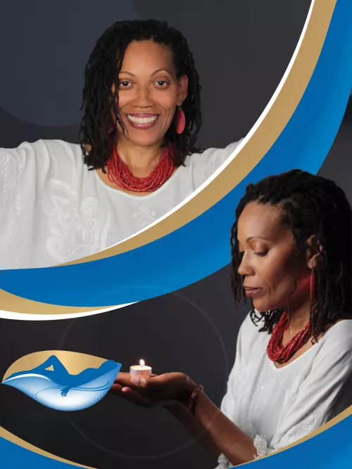 A woman holding a candle in front of a mirror.